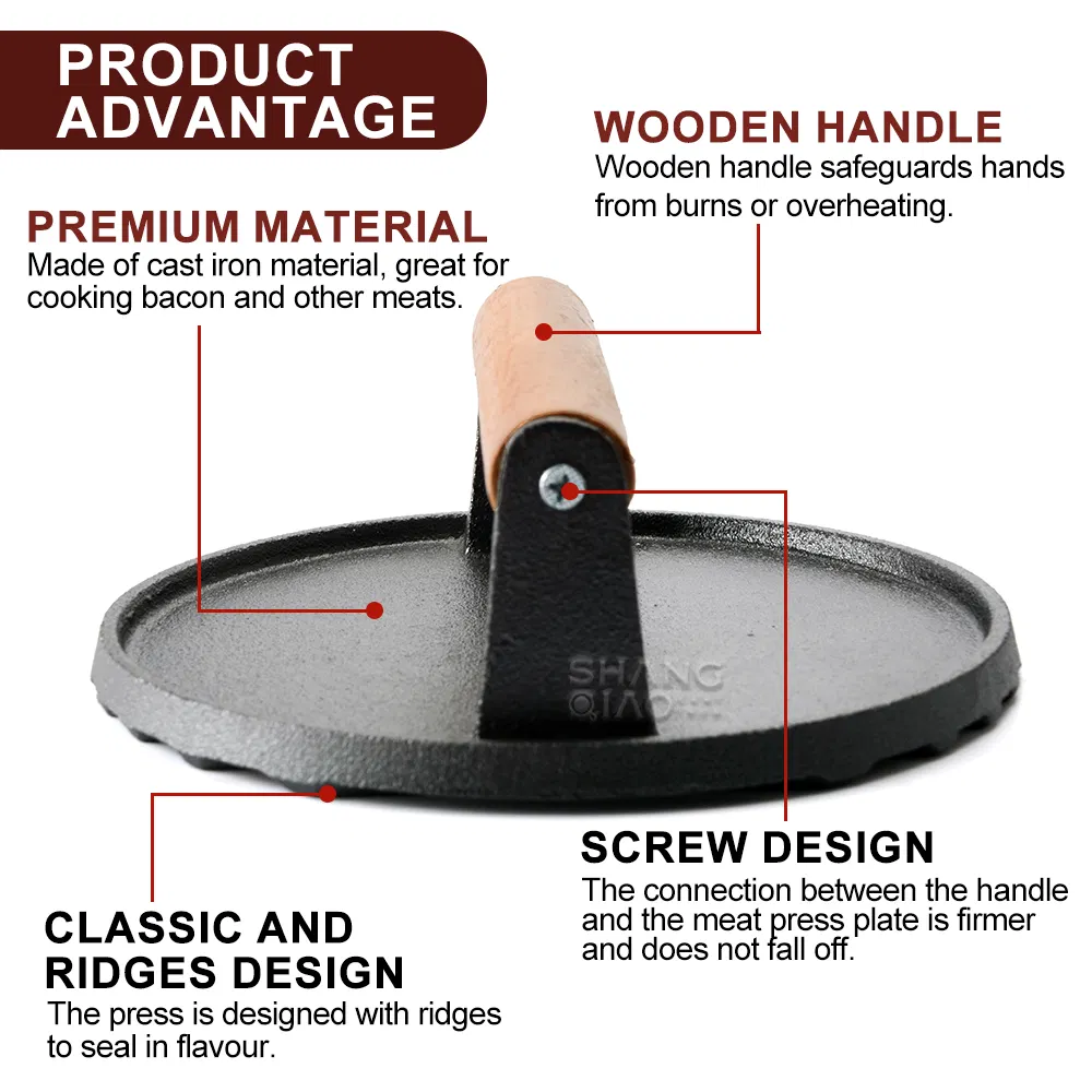 Pre-Seasoned Cast Iron Bacon Press with Wooden Handle Cast Iron Grill Press