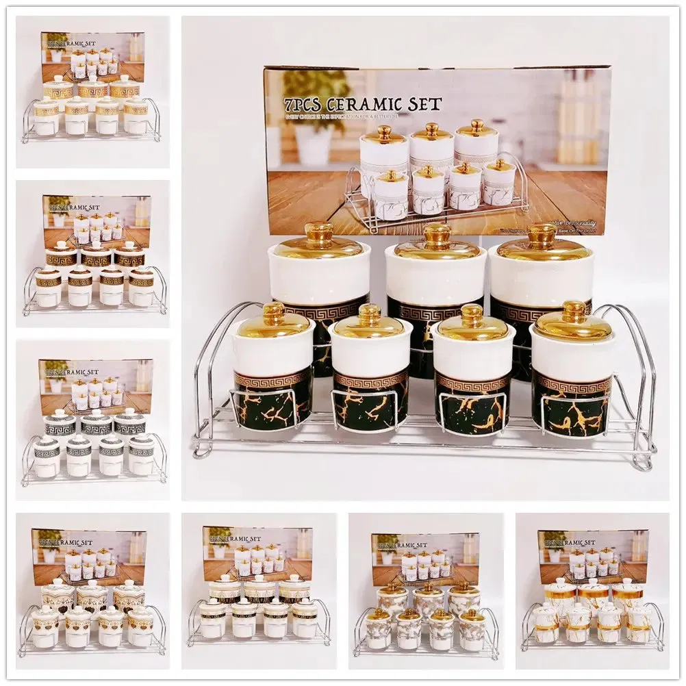 Factory Hot Sale Popular Design Household Storage Jars Ceramic Coffee Storage Canisters Set with Metal Stand