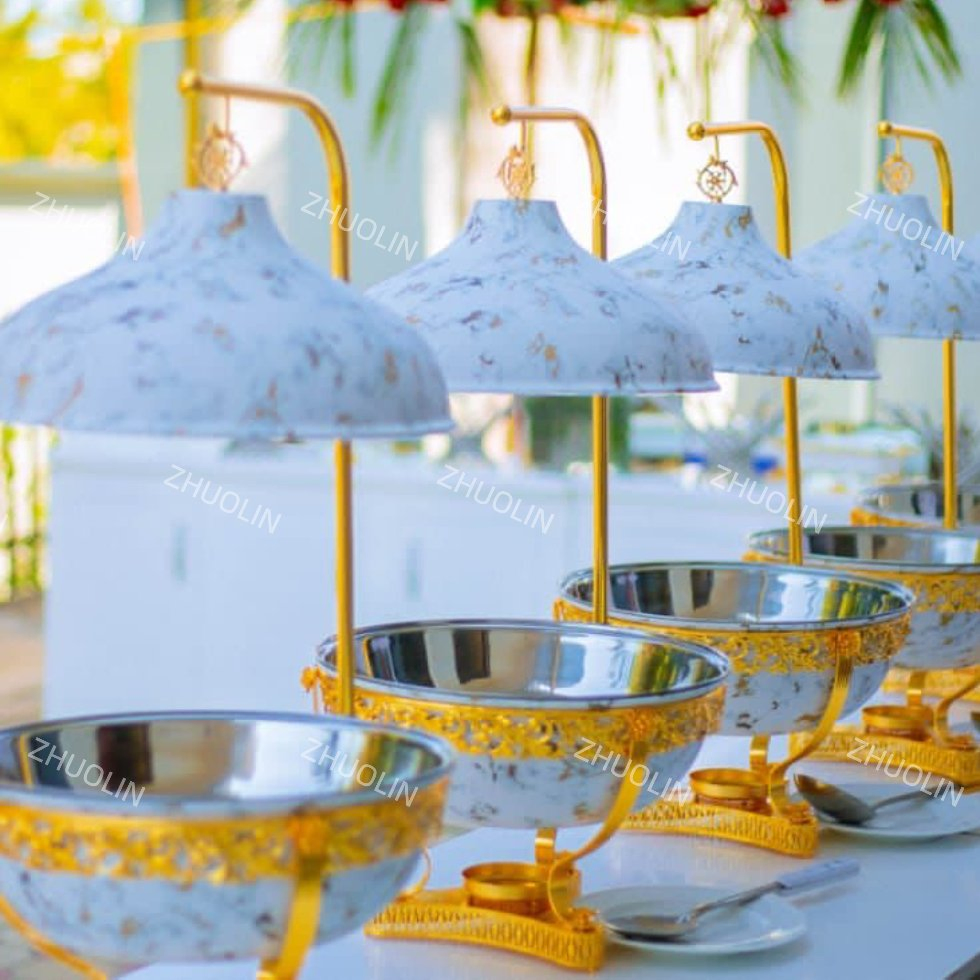 Luxury Commercial Hotel Restaurant Food Warmer 8L White Gold Chafing Dish Floral Buffet Equipment Chaffing Dish Set with Hanging Lid
