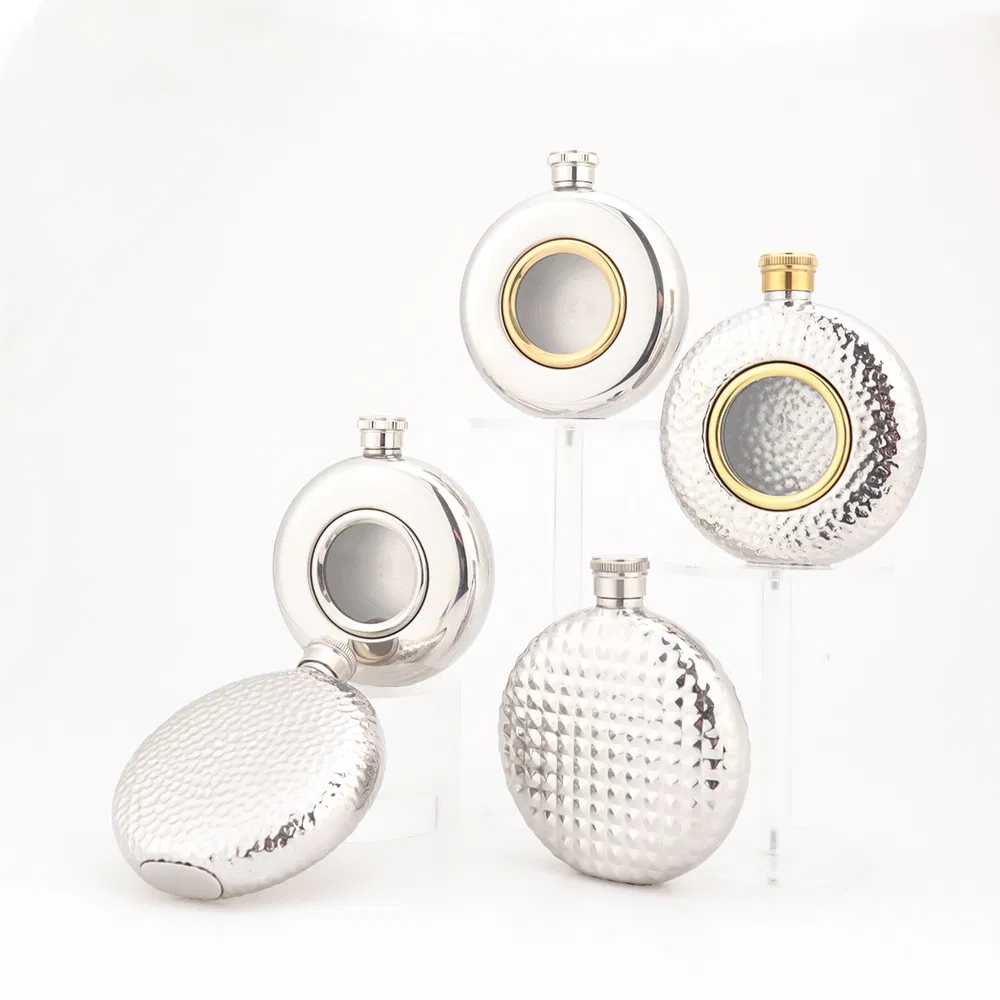 Stainless Steel Round Wine Bottle with Glass Decoration Portable Metal Wine Flask