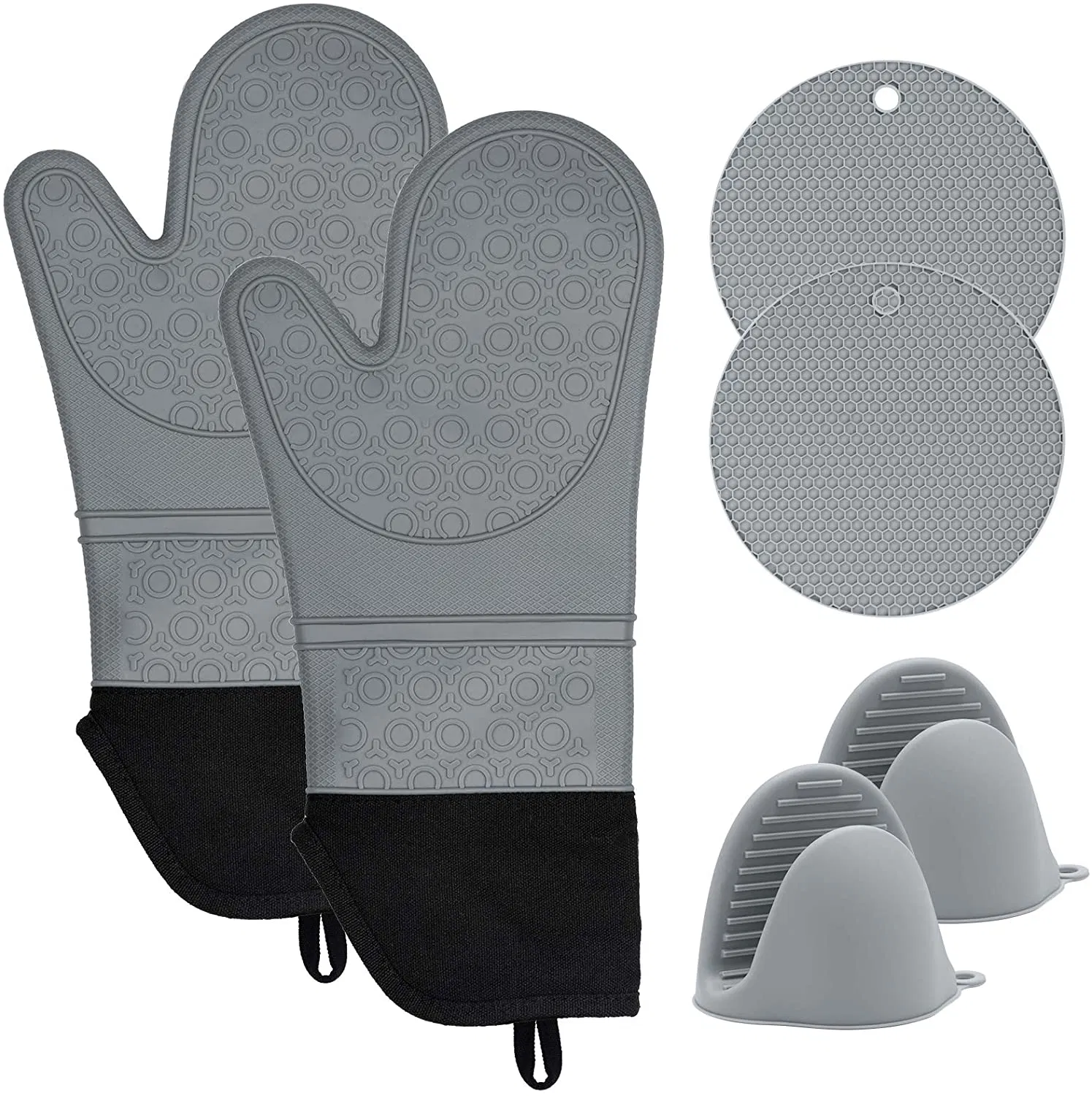 Silicone Oven Mitts and Pot Holders Set, 6 Piece Set with 2 Hot Pads, Heat Resistant Professional Silicone Oven Mitts for Grilling