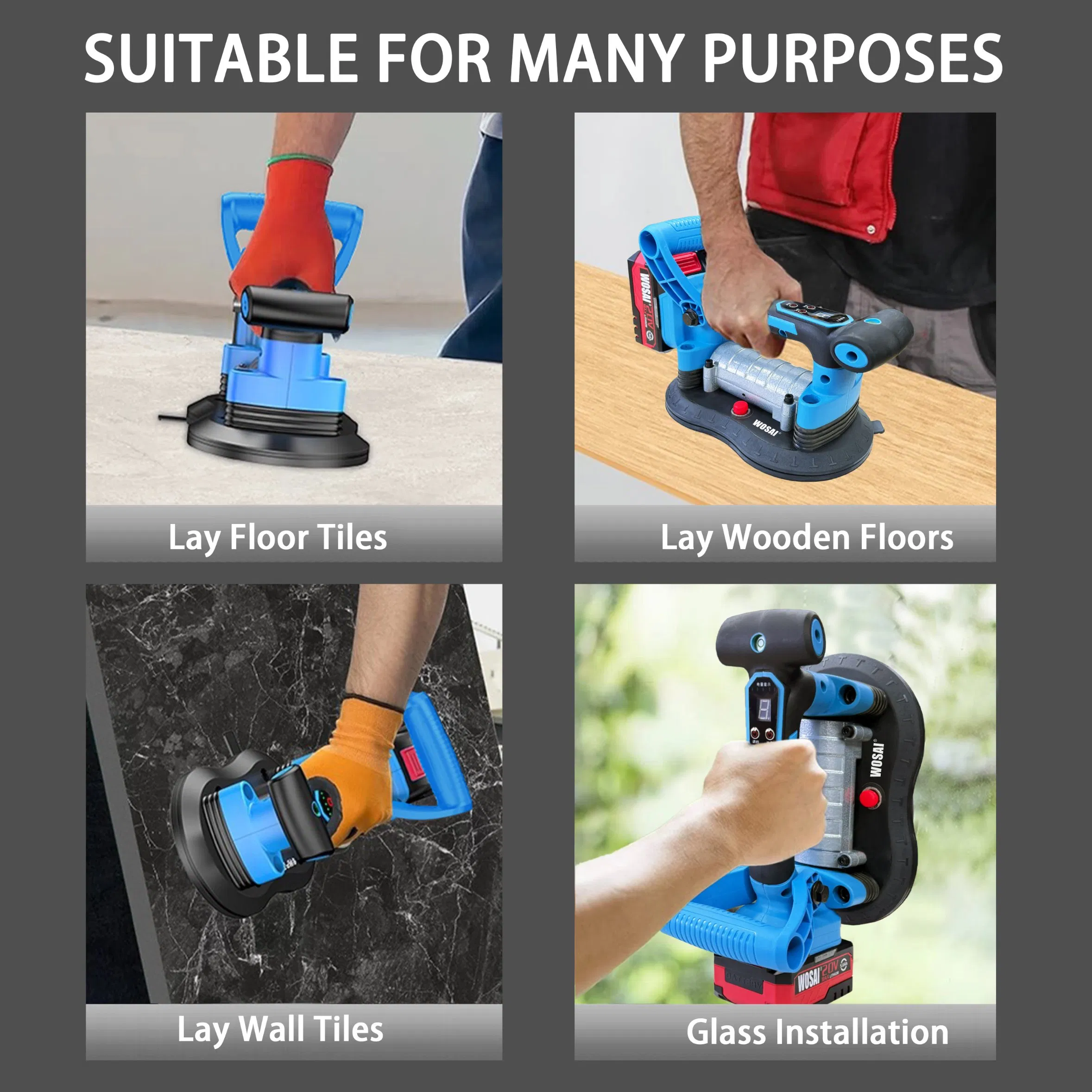 Wosai 20V Cordless Large Format Tile Machine: 250mm Dual Pads with 60kg Suction for Effortless