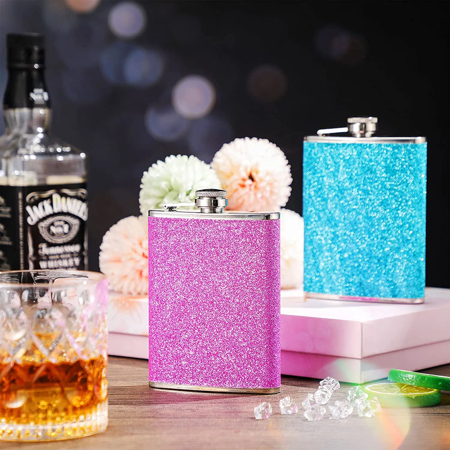 8 Oz Stainless Steel Colorful Glitter Hip Flask Alcohol Liquor Flask with Funnel for Women Ambassador