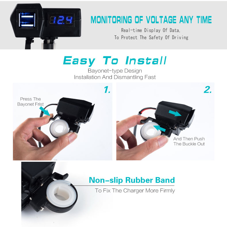 USB-зарядка для мотоцикла с дисплеем напряжения, 12V/24V