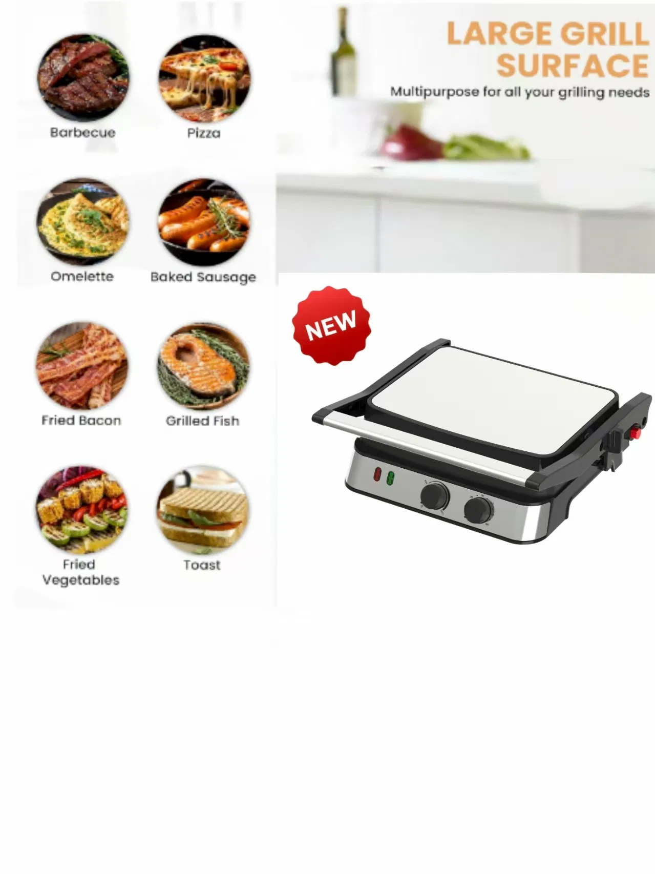 Panini Grill Press, Sandwich Maker Press, Contact Grill, Non-Stick Grill, 60-Minute Timer, 180 Degrees Opening, Stainless Steel