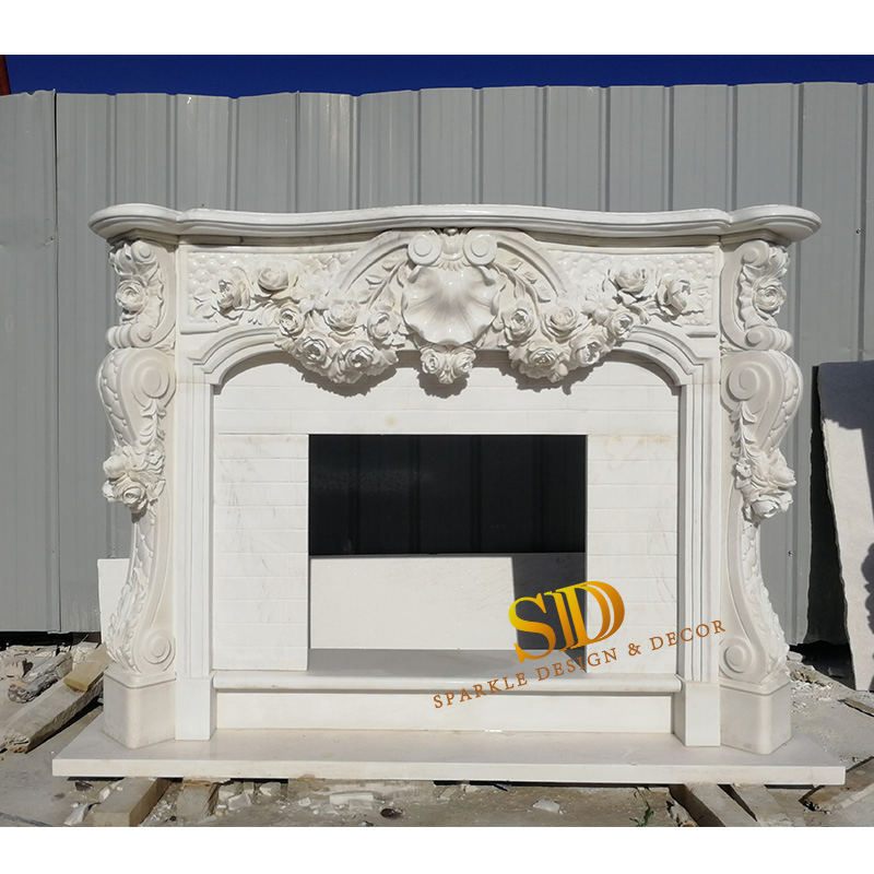 Classic Style Chinese White Marble Fireplace with Flowers