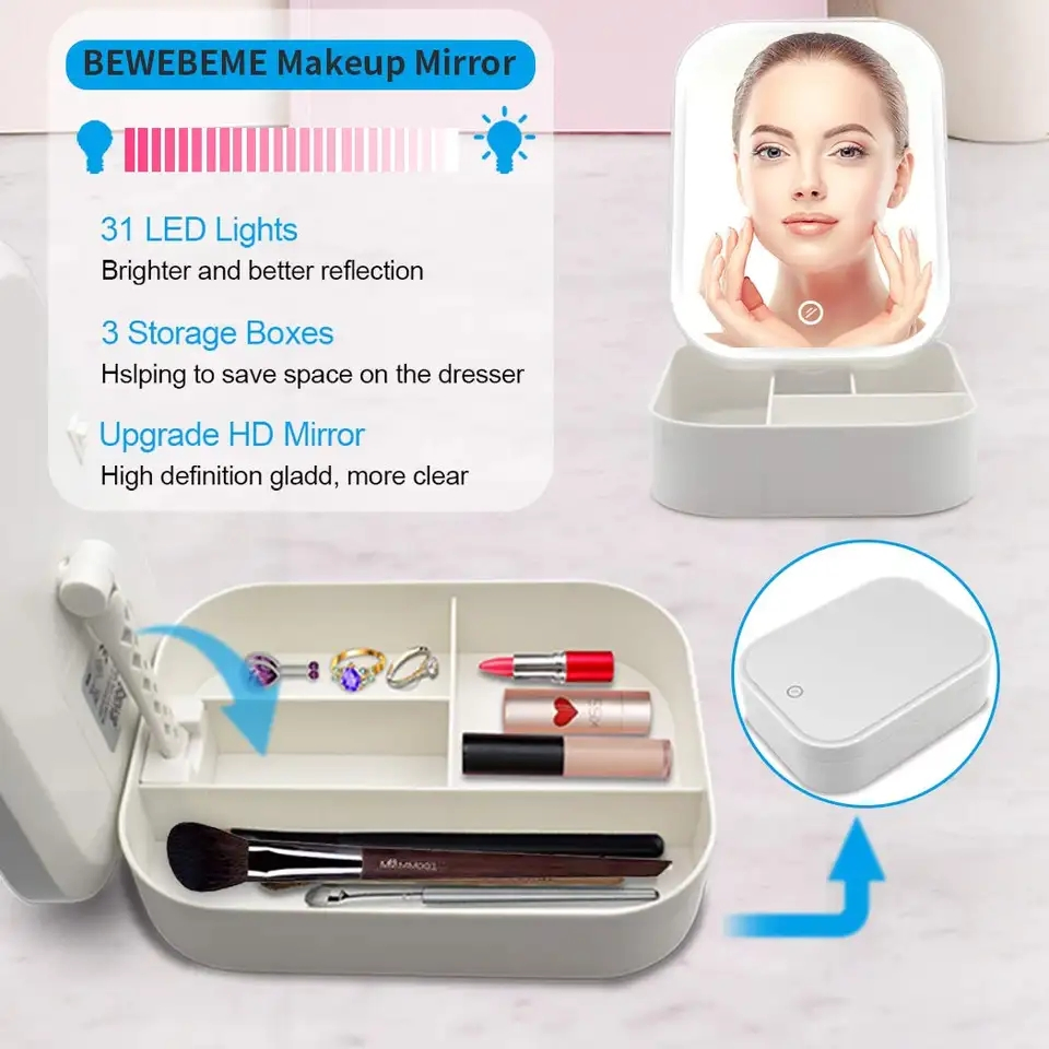 Smart Touch Screen Folding LED Single Side Cosmetic Makeup Mirror with Organizer