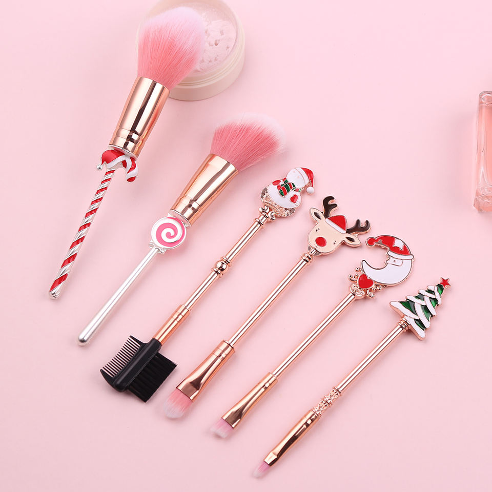Christmas Makeup Brush Set 6 PCS Gold Festive Design Cruelty-Free Synthetic Multi-Functional Face Eye Gift Box
