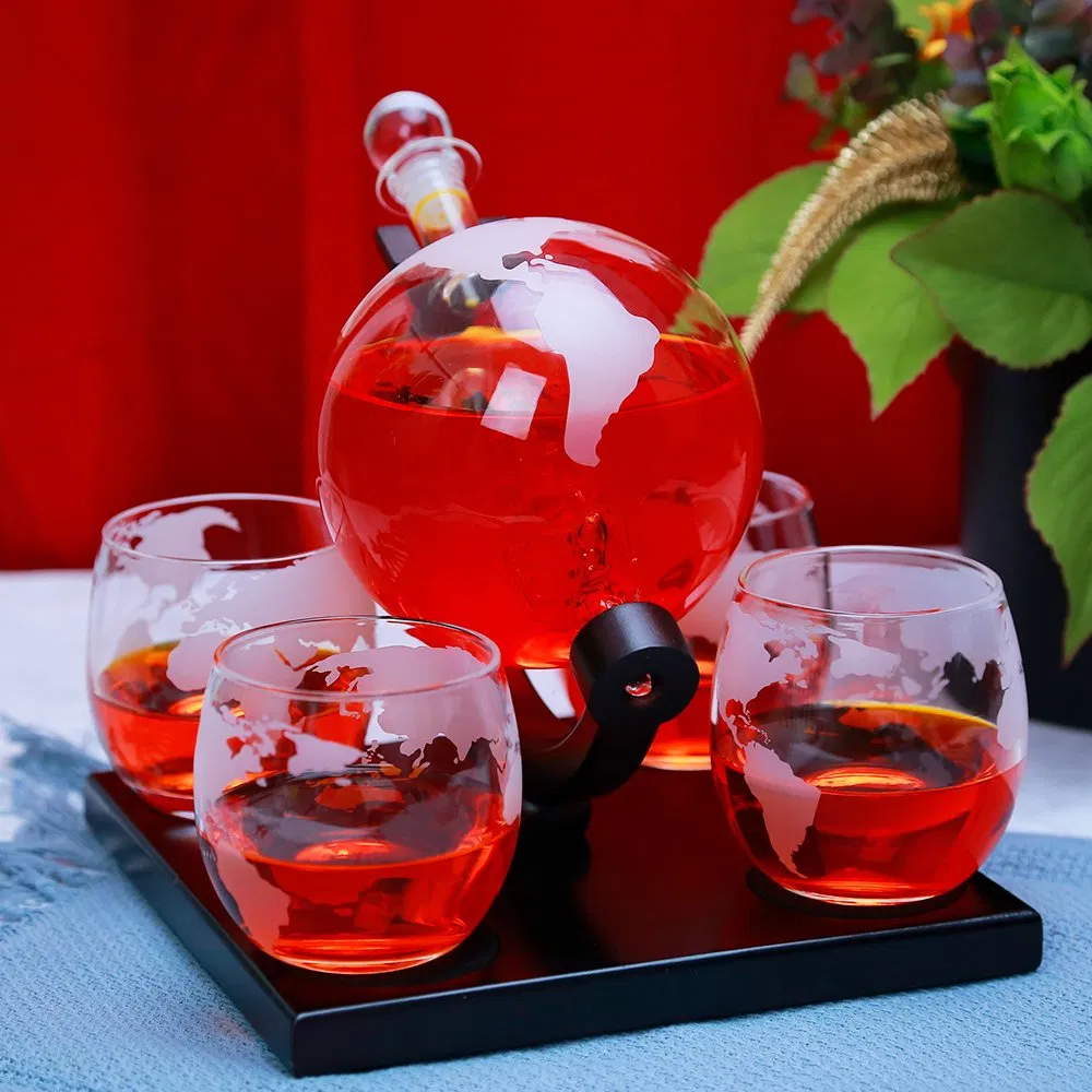 Unique Etched World Globe Design Whiskey Decanter Sets with Wooden Base and 4 Glasses