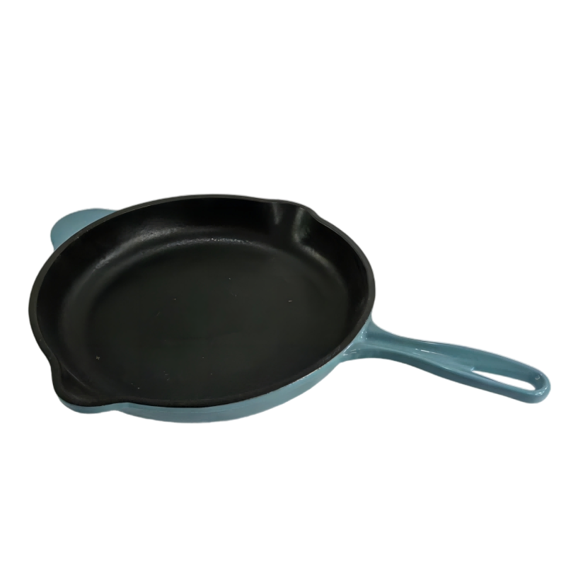 Thickened Round Cast Iron Enamel Frying Pan Baking Plate Skillet with Integrated Long Handle