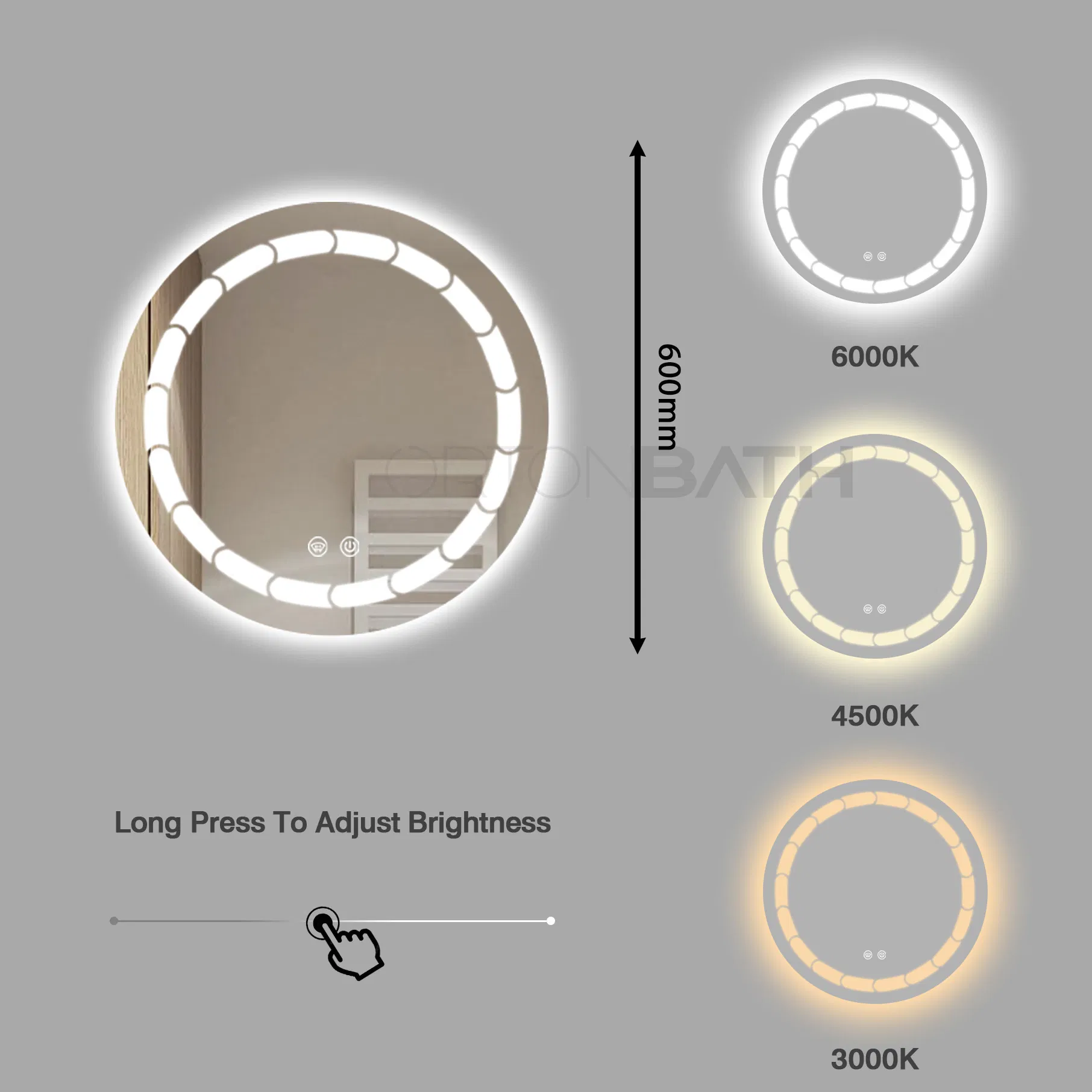 Ortonbath 600X600mm Round Illuminated LED Light Bathroom Mirror Backlit Makeup Mirror with Sensor Touch Control Anti-Fog Mirror with Warm White Light