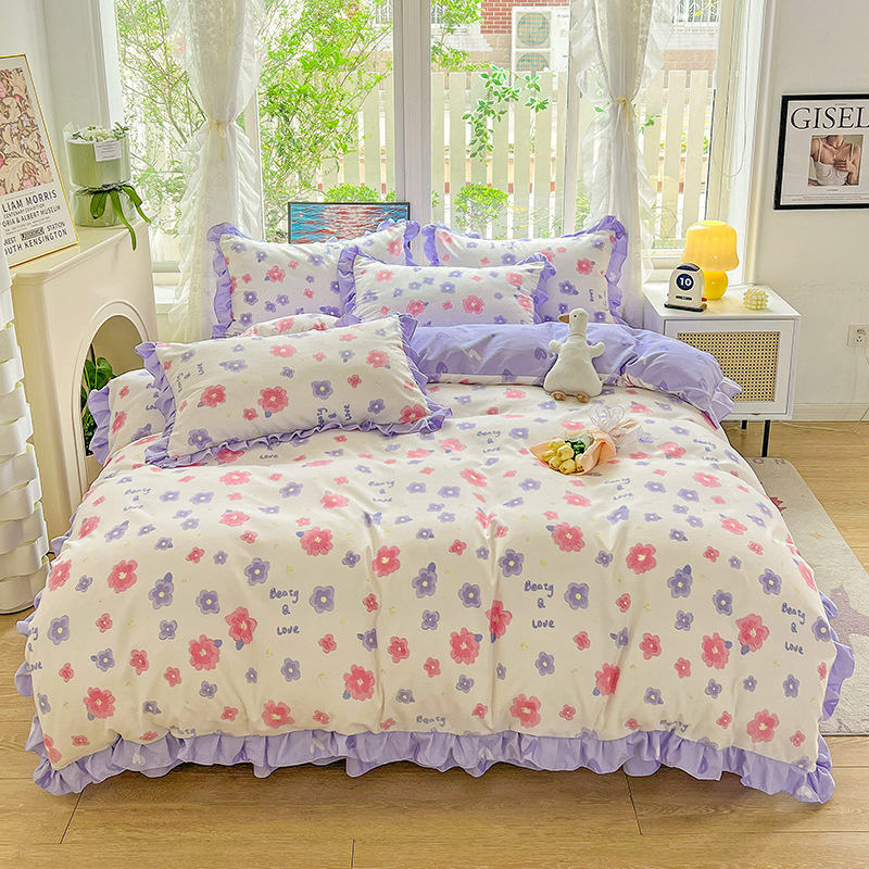 Floral Print Soft Comfortable Duvet Cover Set Home Bedroom King Size Quilt Covers with Flat Sheet