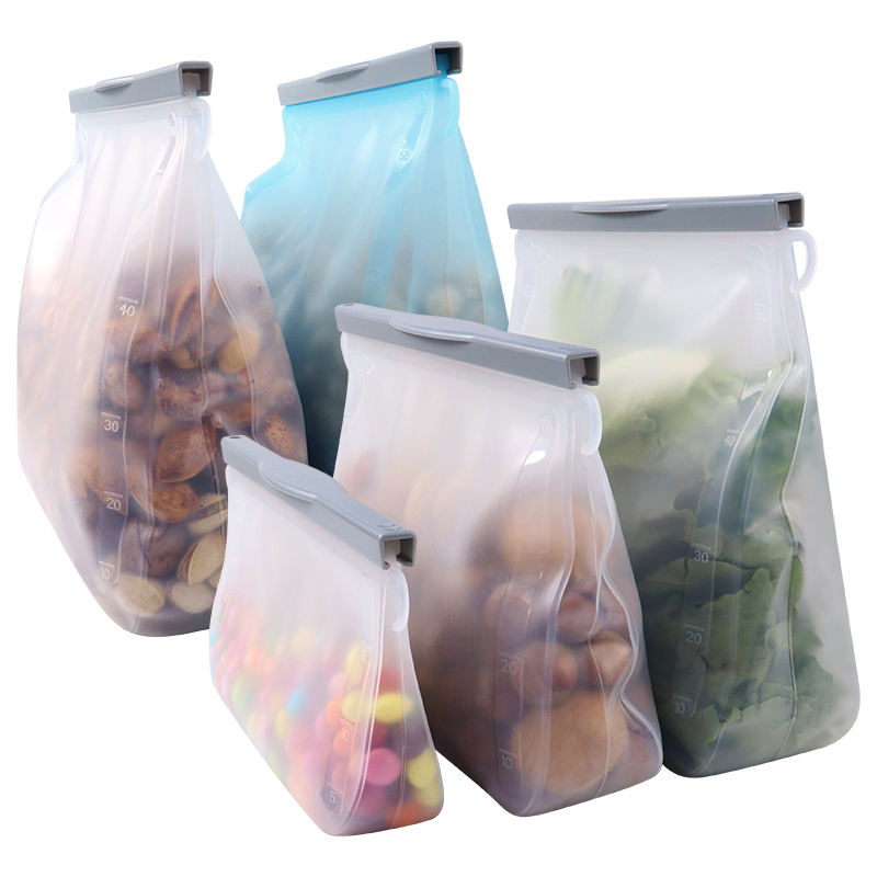 Custom Reusable Silicone Kitchen Food Grade Storage Zip Lock Bags with Plastic Clip