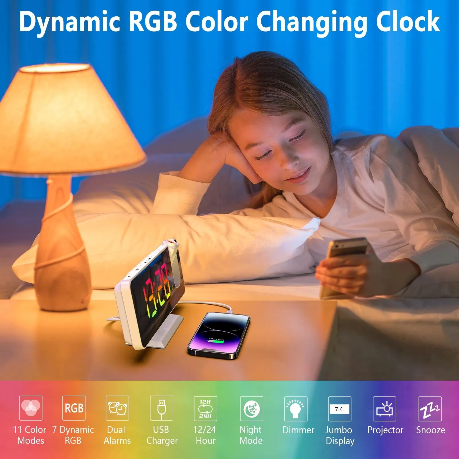 RGB Color Changing Table Desktop LED Clocks Loud Digital Alarm Clock