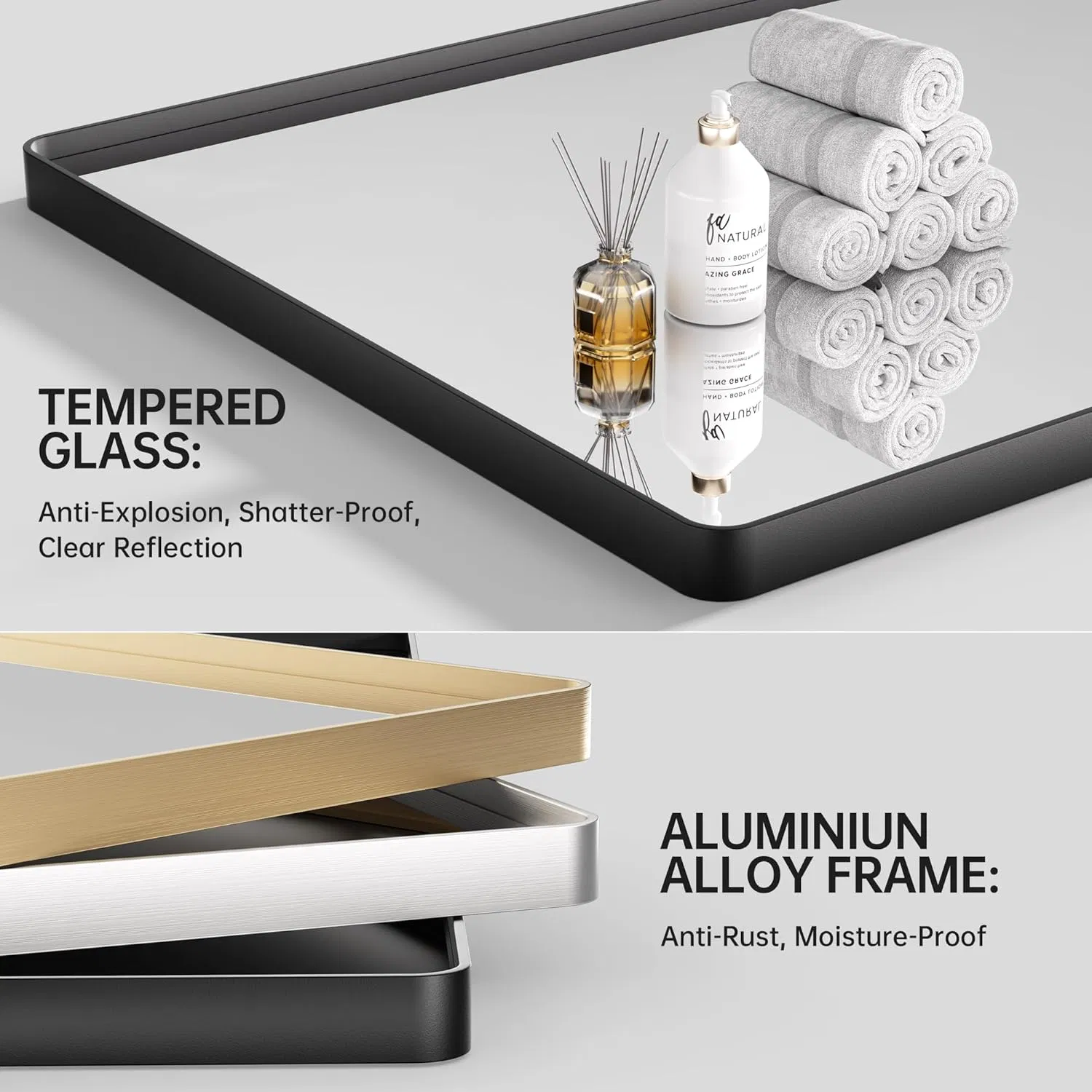 36× 28 Inch Black Metal Frame Wall-Mounted Bathroom Mirror, Rectangular Vanity Mirror, Anti-Rust, Tempered Glass