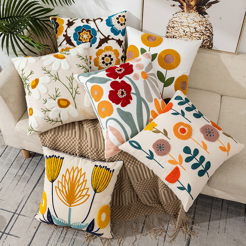 Outdoor Boho Farmhouse Embroidery Flowers Jacquard Cushion Cover for Summer Spring Garden