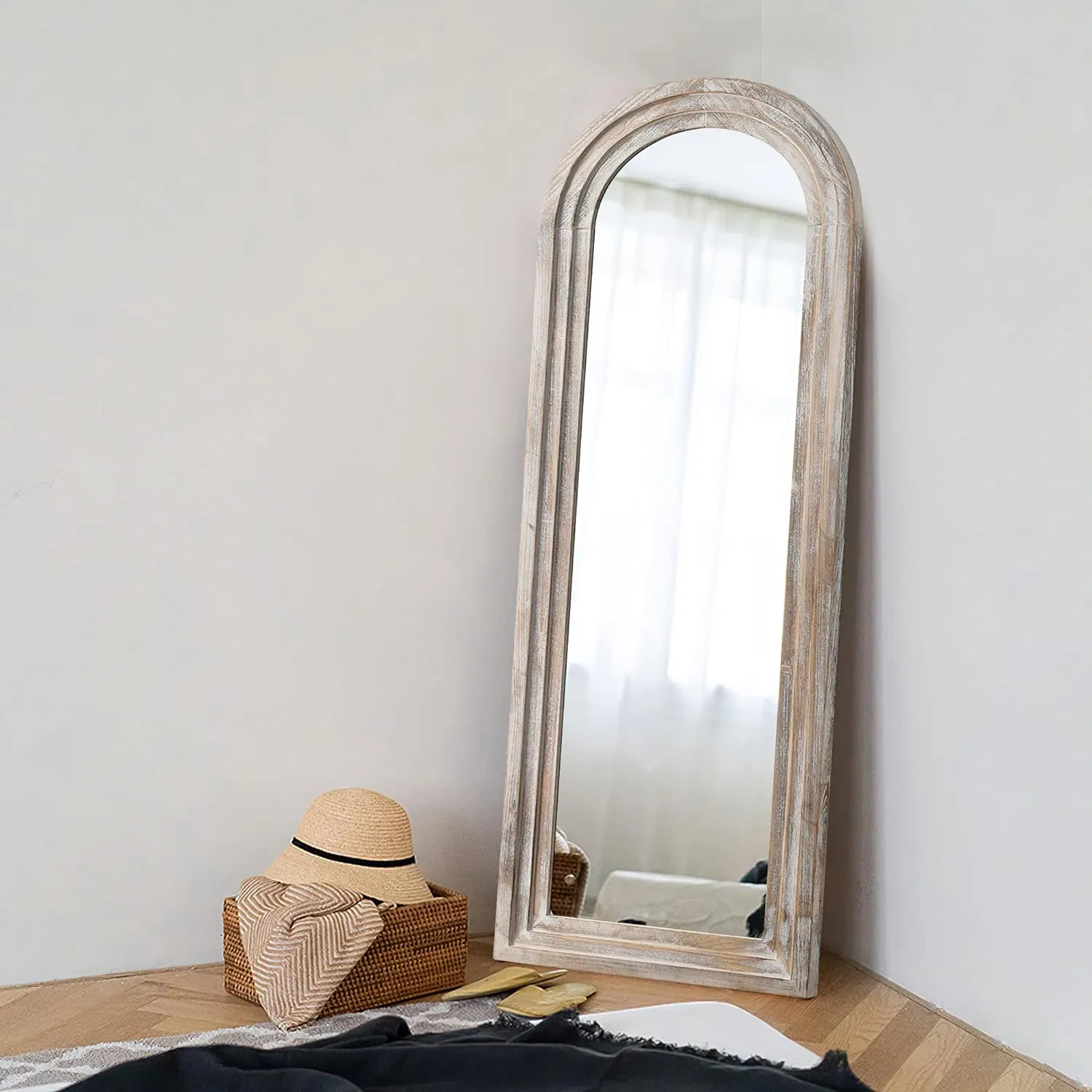 Distressed Wooden Framed Arched Floor Mirror - Wall-Mounted Dressing Makeup Mirror for Home Decoration - Ideal for Bathroom, Bedroom, Living Room, or Entryway