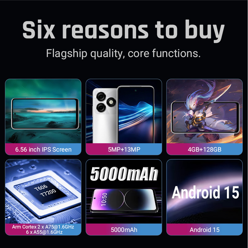 6.56 Inch Android 15 Camera13MP Front Camera 4+128GB 5000mAh GPS 2.0GHz Octa Core Smart Phone IPS Gaming 5000mAh Mobile Phone