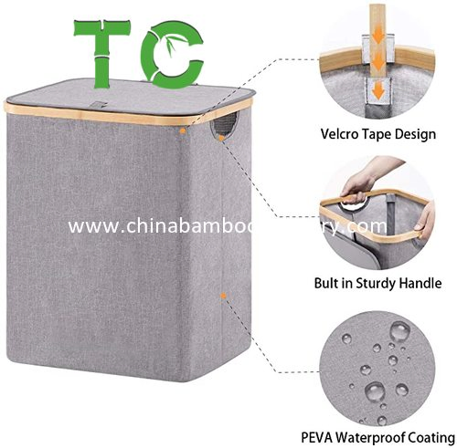 Waterproof Bamboo Laundry Hamper Basket with Lid Storage Basket Dirty Clothes Basket Bamboo Laundry Basket Collapsible Cloth Hamper