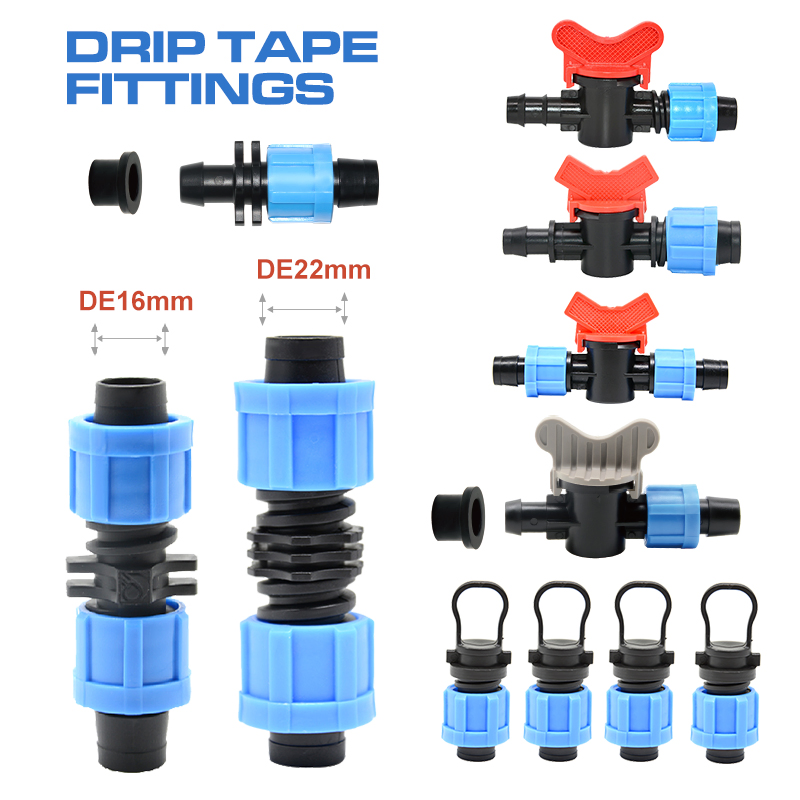 Drip Irrigation Fittings Tee Coupling Mini Offtake Drip Tape Lock Nut Elbow Valve Hose Connectors PE Control 16 17 22mm Plastic Valve Manufacturer