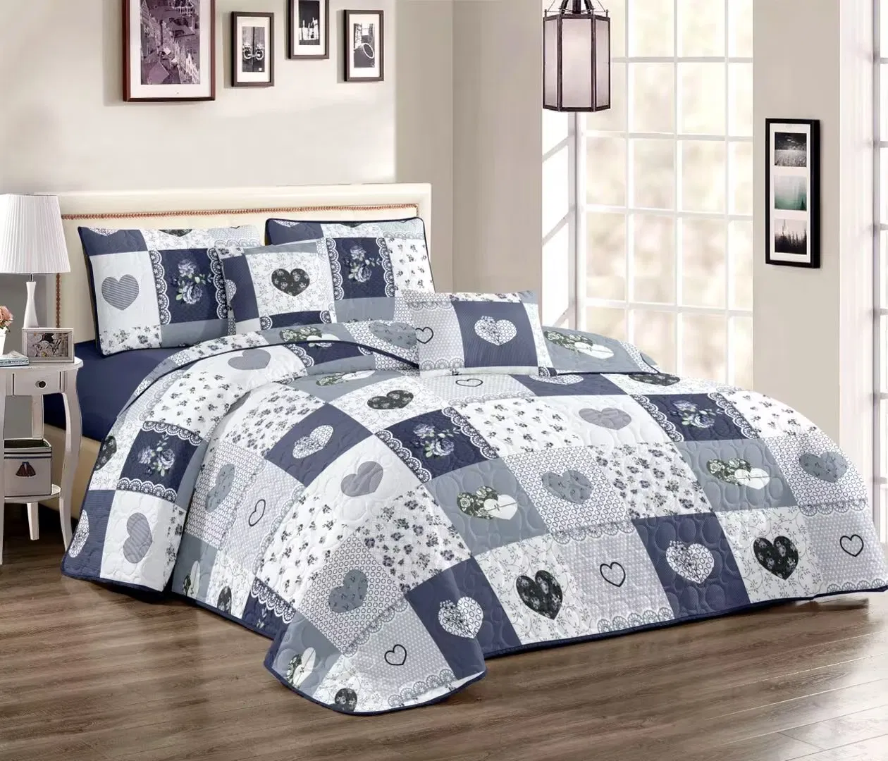Black Printed Floral Design Bed Cover Set Quilting Pin Sonic Quilt Set