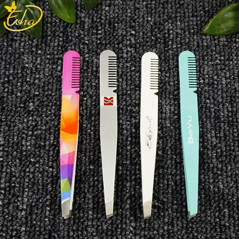 Eyelash Beauty Tool Slant Tip Eyelashes Cosmetic Tweezers with Attached Brow Comb