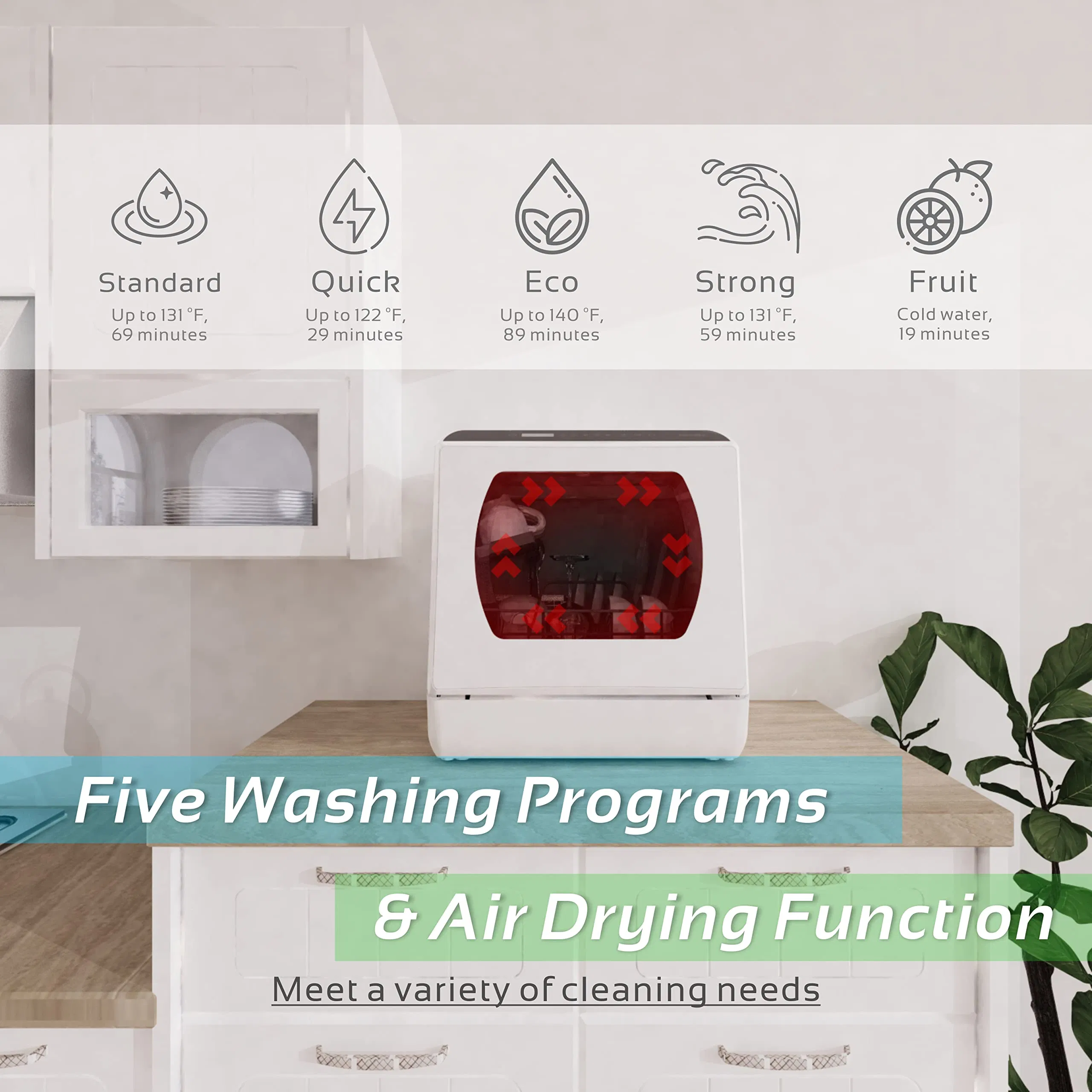 5 Washing Programs Mini Dishwasher with 5L Built-in Water Tank Washing Dishwasher