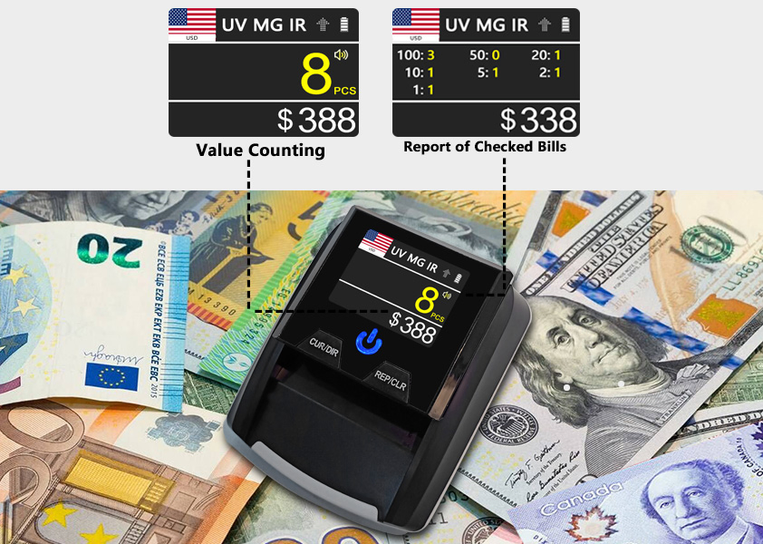 Counterfeit Detector TFT Display Currency Auto Recognize with UV Mg IR Value Counting Machine Pieces Counting Equipment Bill Counter Banknote Counter
