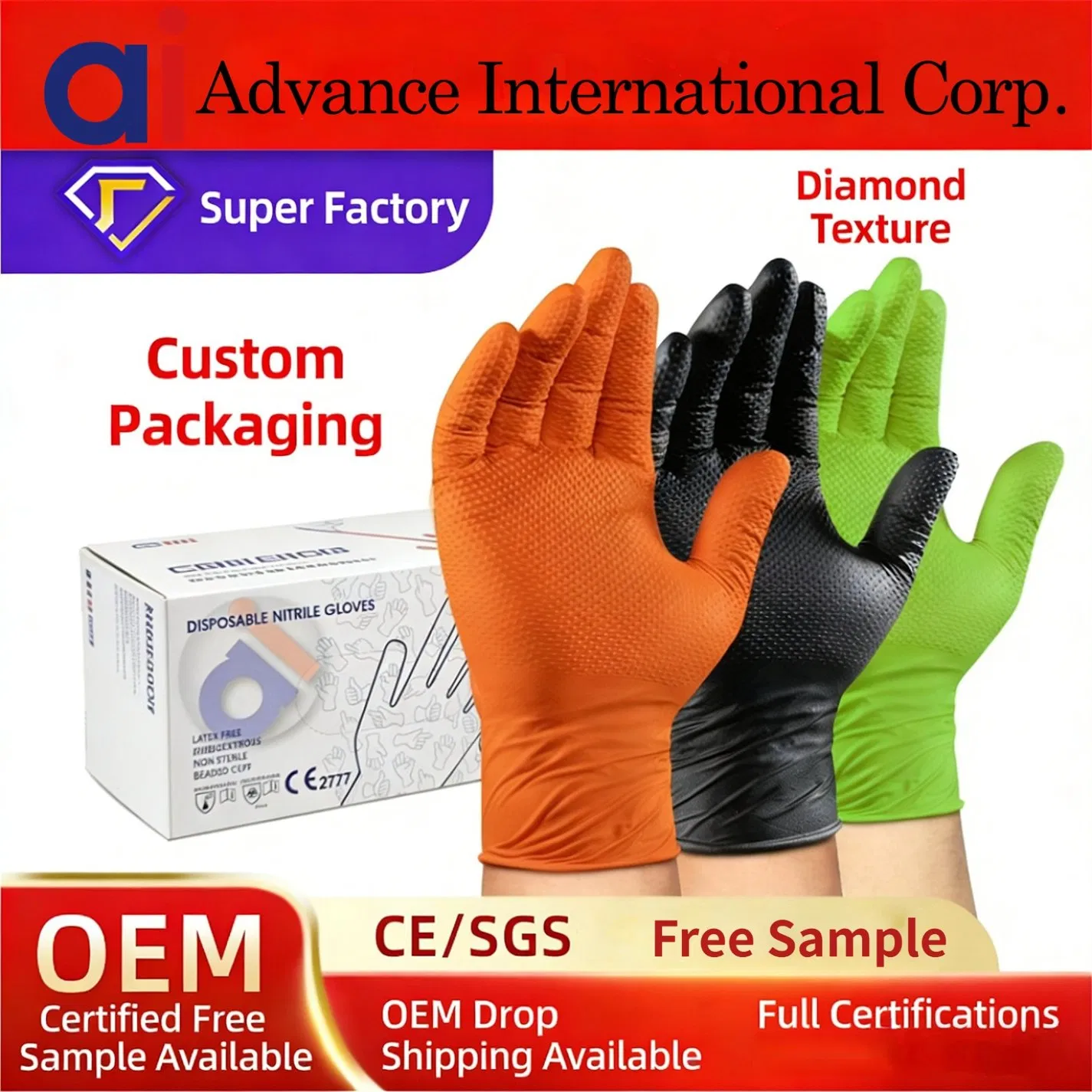 Bulk Nitrile Gloves Black Diamond Texture - Heavy-Duty Rip-Resistant & Disposable