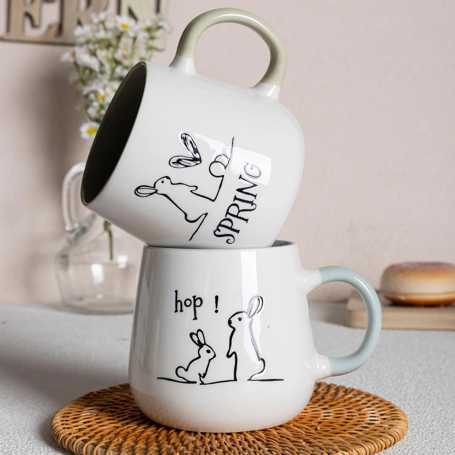 New Arrivals Rabbit Custom Ceramic Mug Vibrant Easter Coffee Mug with Colorful Handle for Spring