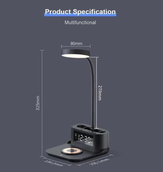 Multifunctional 15W Wireless Charger Desktop Digital Alarm Clock Dual Ports Wireless Fast Charging Table Lamp with Pen Holder