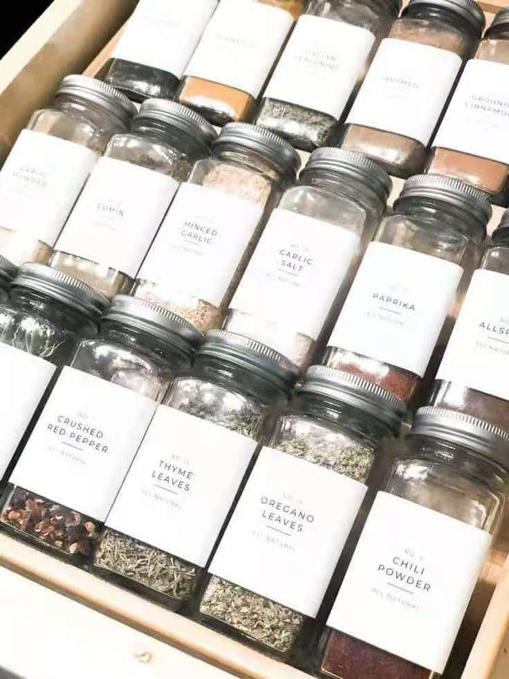 24 Pack Salt & Spice Square Shaped Transparent Glass Spice Jars with Stickers