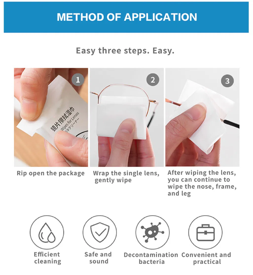 Individual Pack Anti-Fog Glass Wet Tissue Lens Cleaning Wipes