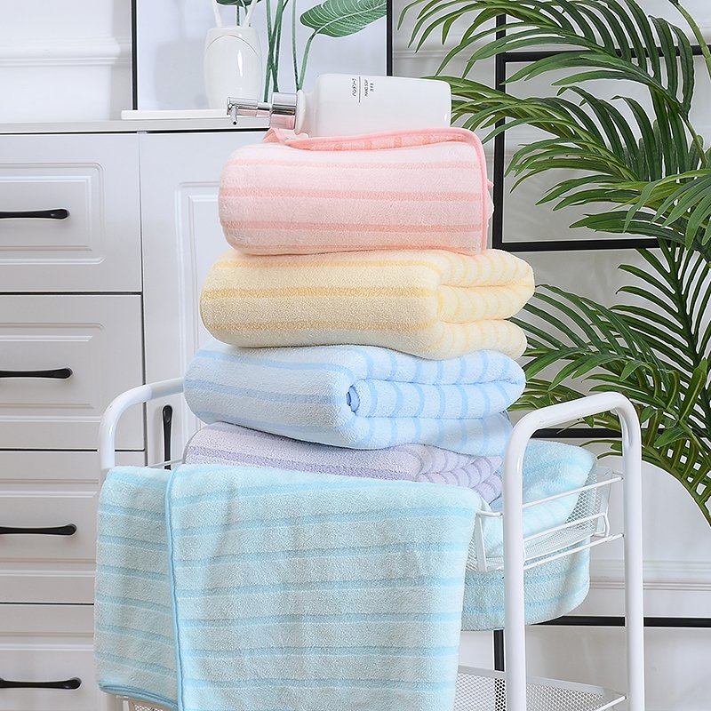 Good Quality Wholesale Cheap Price Quick Drying Absorbent Soft Comfortable Microfiber Coral Fleece Stripe Hotel Bathroom Towel Set