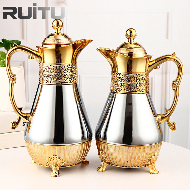 Dubai Luxury Gold Plated Insulated Vacuum Flask Thermos Glass Liner Inside Durable Drink Water Pots Cup Saucer Tea Sets Arabic Dallah Gift Set Arabic Coffee Pot