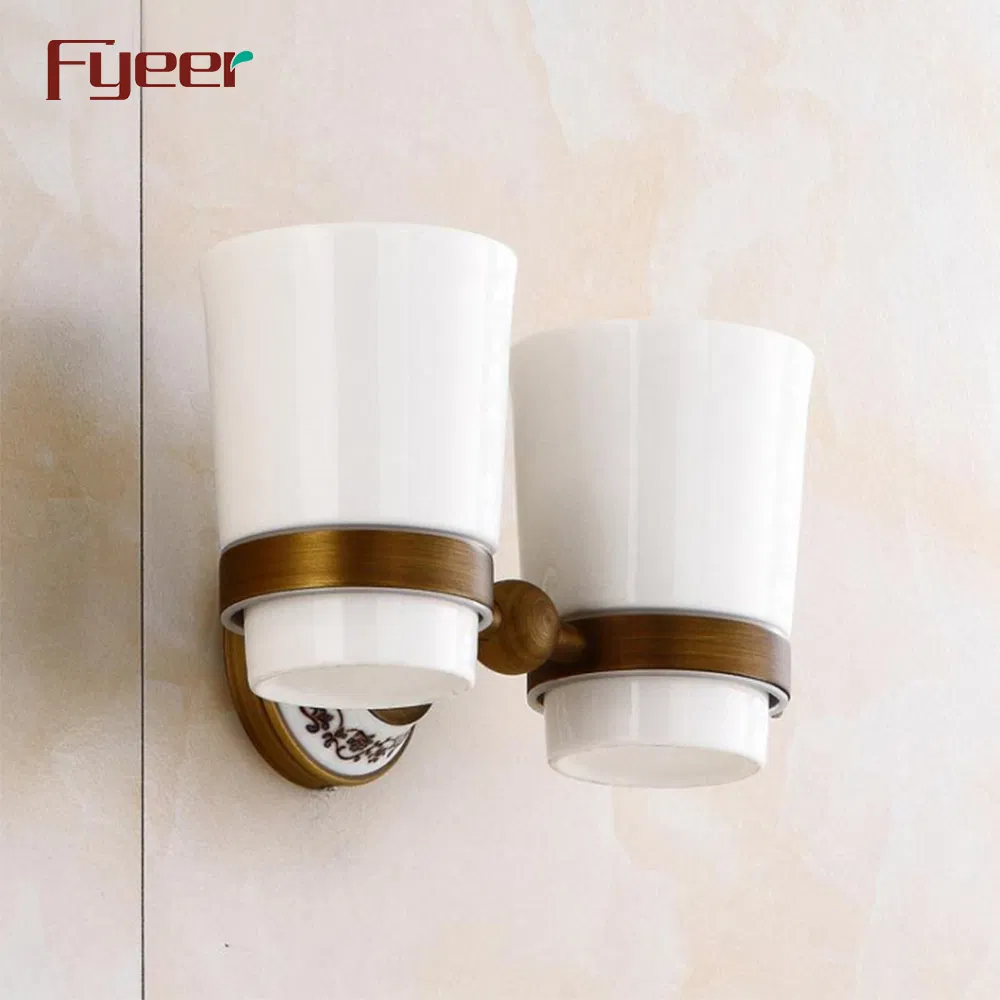 Fyeer Antique Brass Double Tooth Brush Holder with Ceramic Base