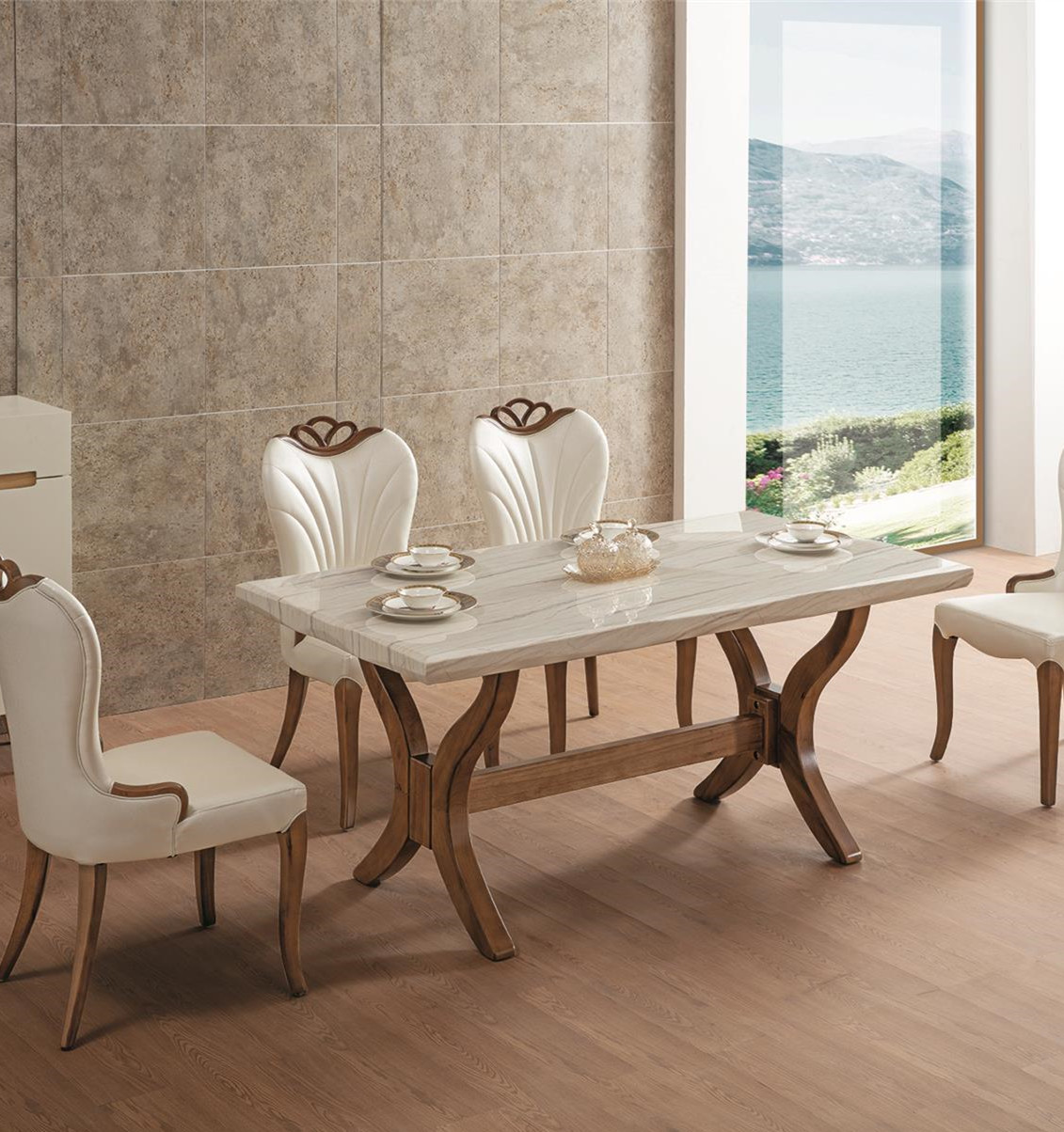 Обеденный стол и 6 стульев мрамор для гостиной