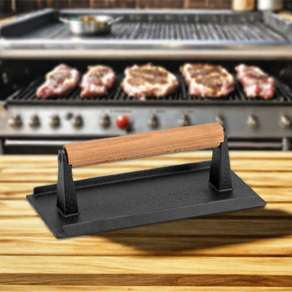 Cast Iron Bacon Grill Meat Press Steak Weight with Wooden Handle