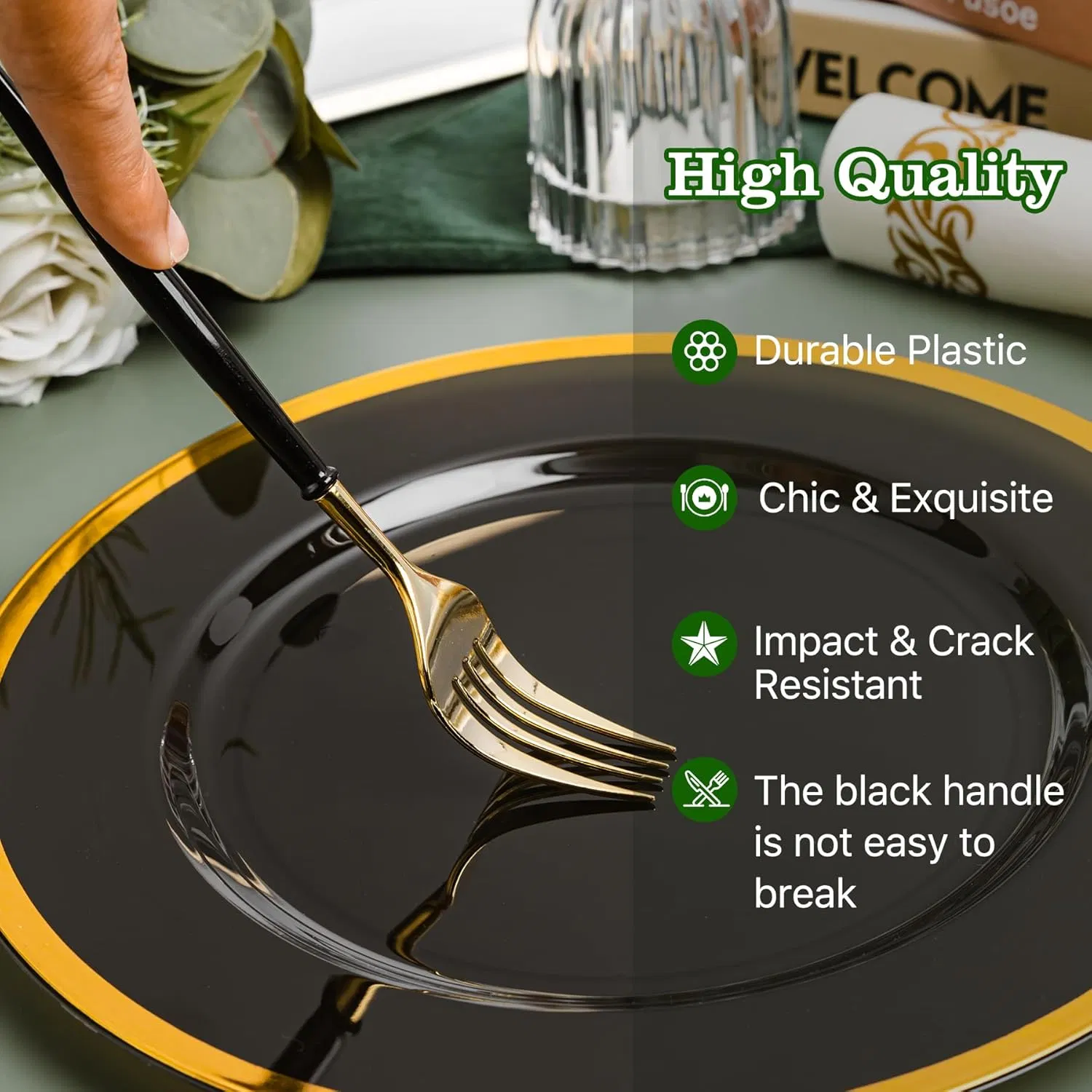 Gold Plastic Cutlery Set with Black Handle Fancy Plastic Silverware, Heavy Duty Spoons, Forks, Knives for Halloween and Everyday Use