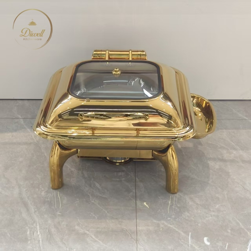 Luxury 6 Liter Square Hotel Buffet Food Warmer Gold Chafing Dishes
