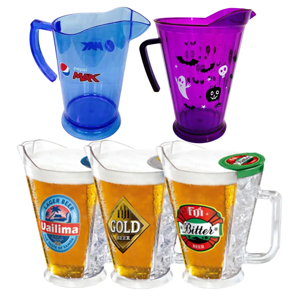 1000ml 1200ml 1800ml Plastic Beer Jug Pitcher Bar / Restaurant Beer Jug with Handle and Customized Printed Logo for Molson Canadian Lagunitas Miller