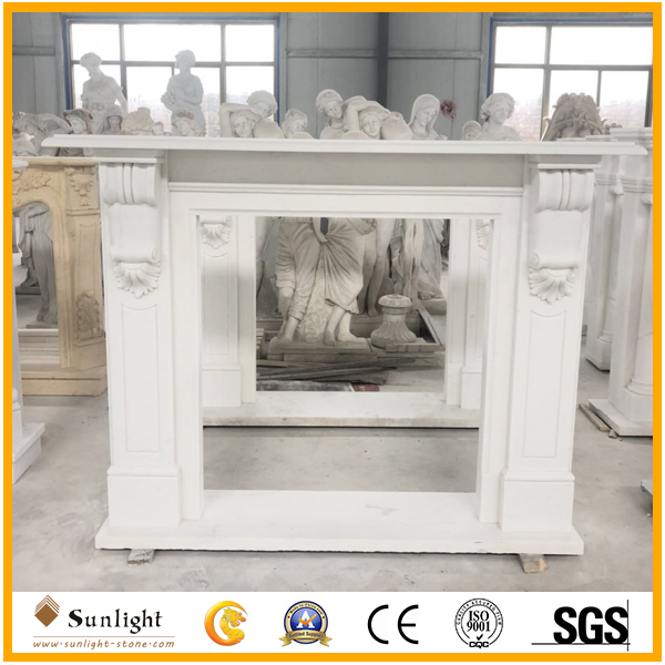 Electric Fireplace Mantel Surround, Natural Pure White Marble Hand Carved Fireplace
