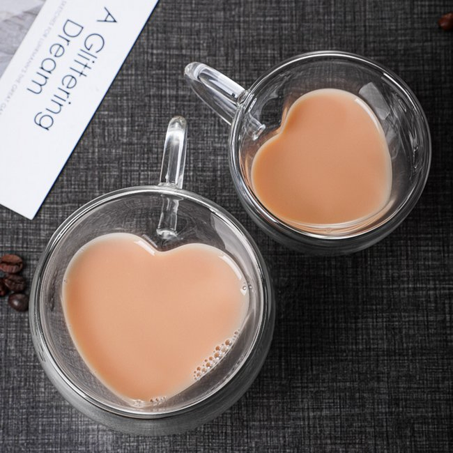 Wholesale Heart Love Shaped Double Wall Glass Coffee Cup Cute Drinkware Mug