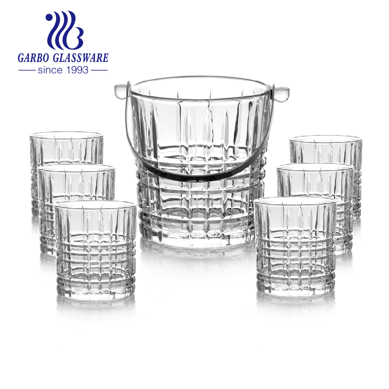 7PCS Glass Ice Bucket Set Engraved Design Cup and Bucket Set for Whisky with Color Box Pack South America Hot Sales Drinking Set