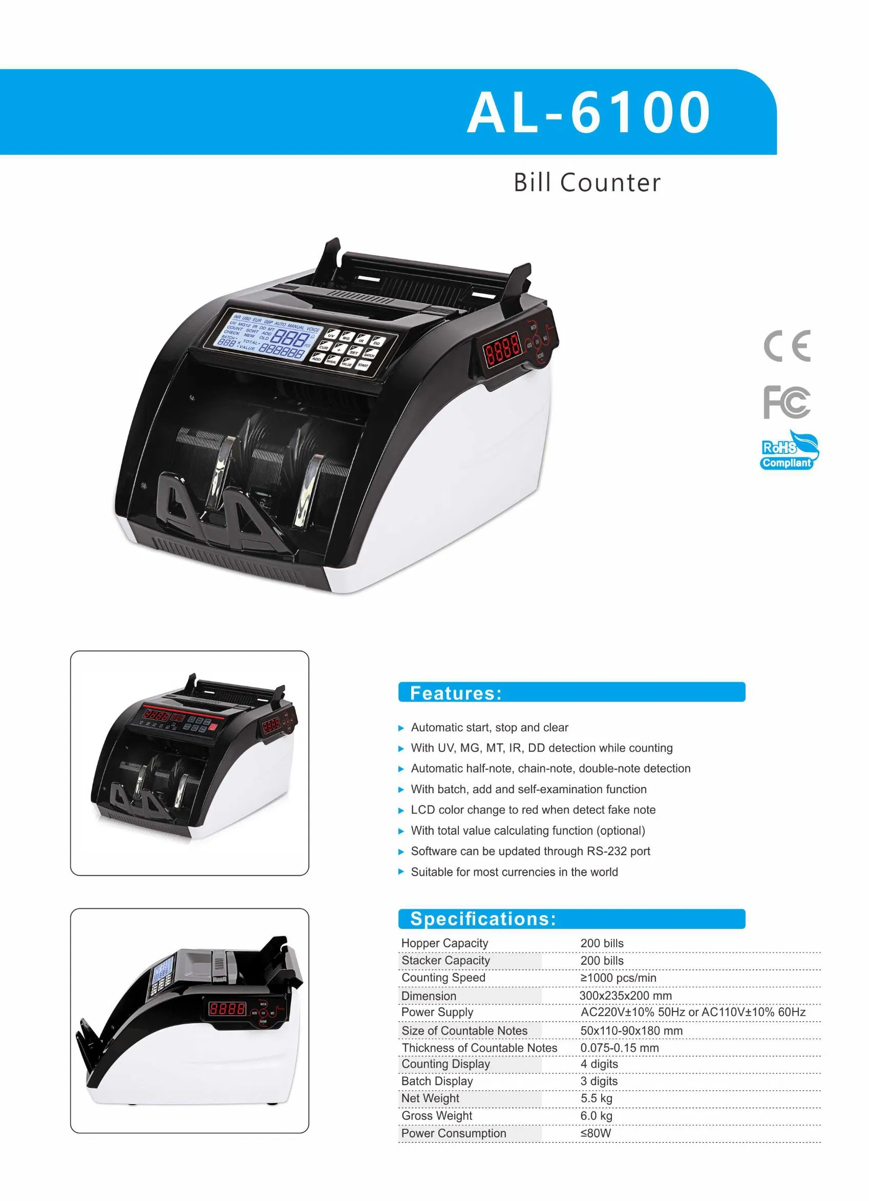 Al-6100 Euro Dollar Money Counting Machine CE RoHS Bill Counter Add