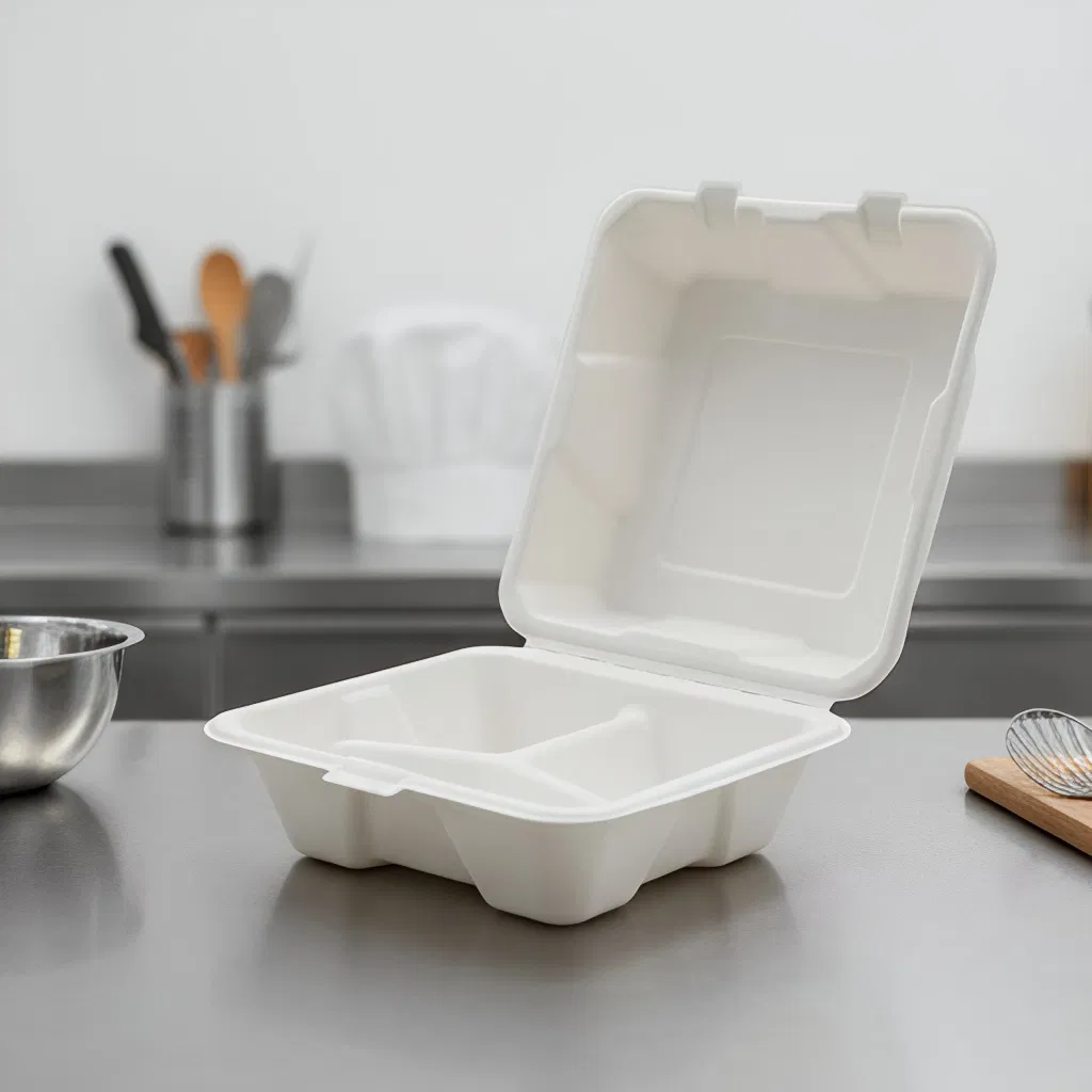 9X9 Inch 3 Compartment Eco - Friendly Sugarcane Bagasse Disposable Takeaway Lunch Box