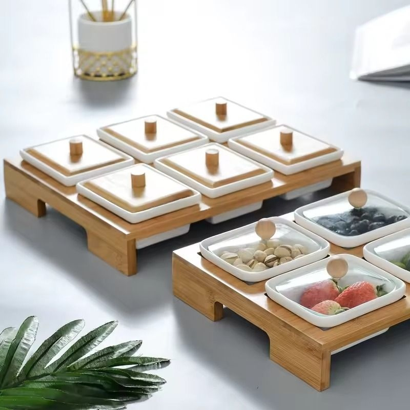 White Ceramic Snack Dishes Presented on Bamboo Board Serving Platter Tray with 6 Ceramic Snack Nibbles Bowls