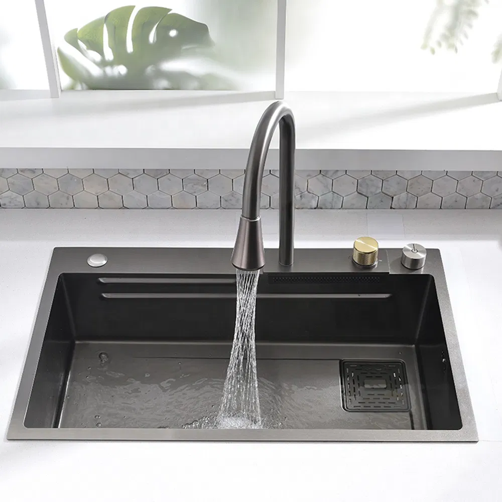 Nano Step Kitchen Sink 304 Stainless Steel Handmade Above Mount Waterfall Faucet Farmhouse Kitchen Black Sinks