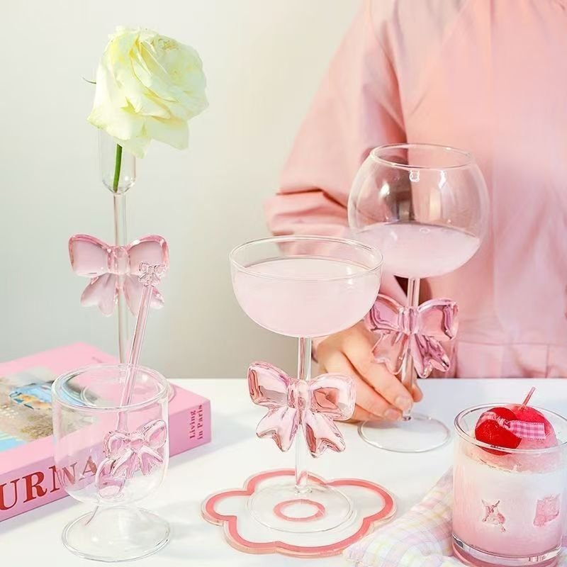 OEM Ins Creative Pink Bow Champagne Glasses Drinking Glass Cup Cute Light Luxury Fairy Glass Wine Cup