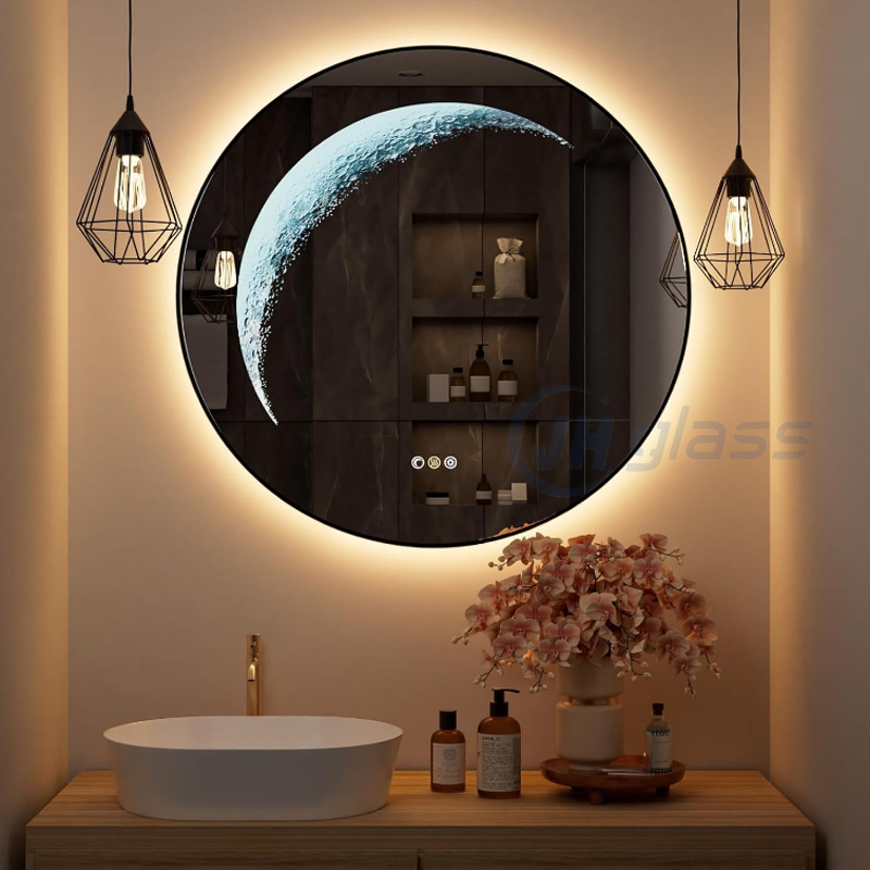 Round Framed Bathroom Mirrors with Moon Lighted Home Decoration Furniture LED Mirror